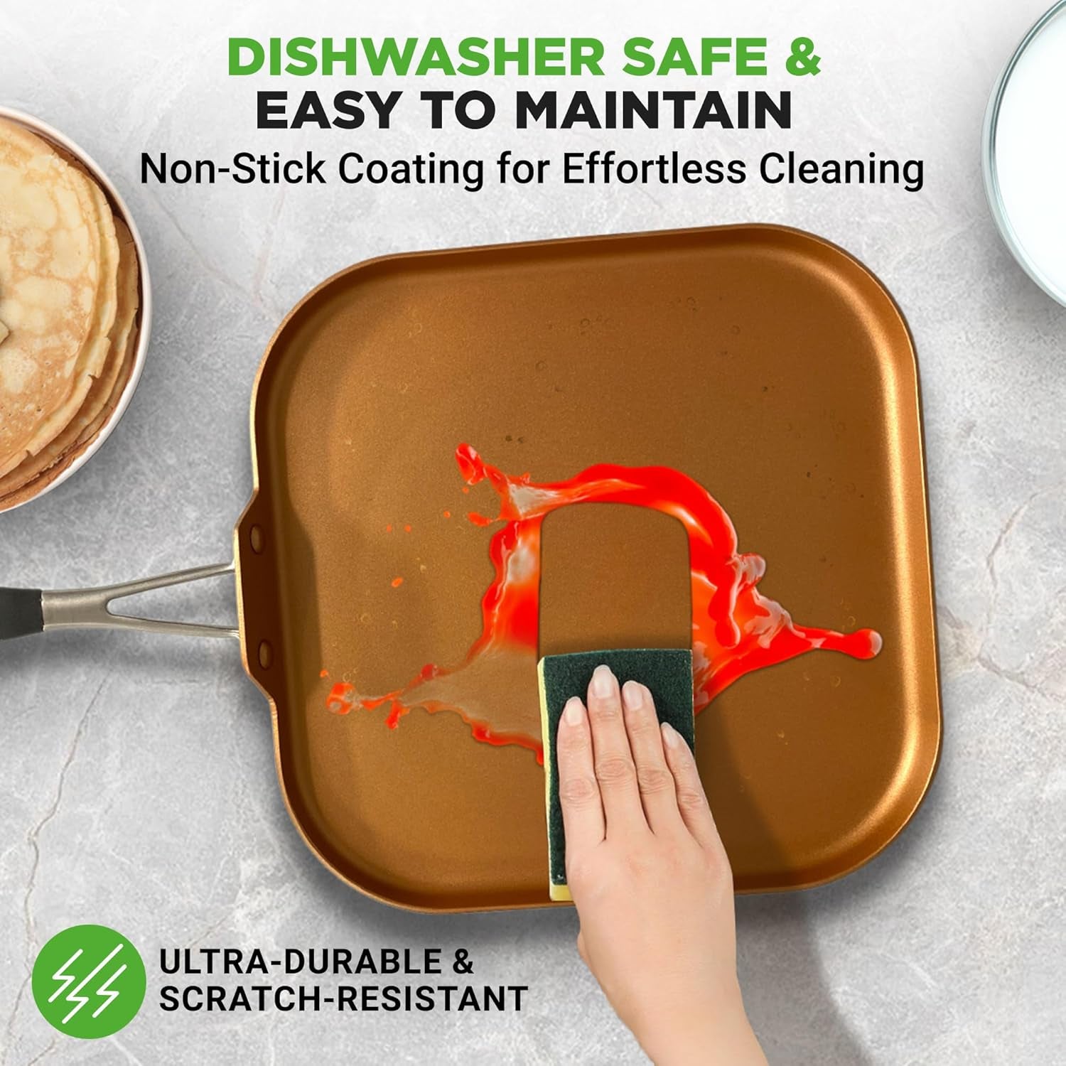 Nutrichef Copper Pan Non-Stick Coating Inside, Hard-Anodized Look Heat Resistant Lacquer Outside, Silicone Handle NCSQPA, 1 Griddle