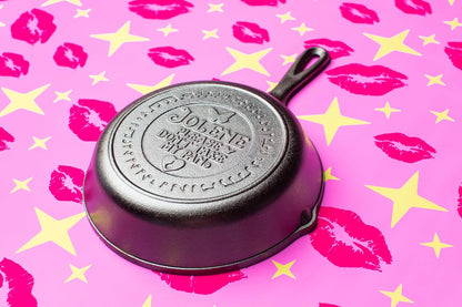 Lodge 8 Inch Dolly Parton Pre-Seasoned Cast Iron Stamped Skillet - Signature Teardrop Handle - Use in the Oven, on the Stove, on the Grill, or over a Campfire - Jolene