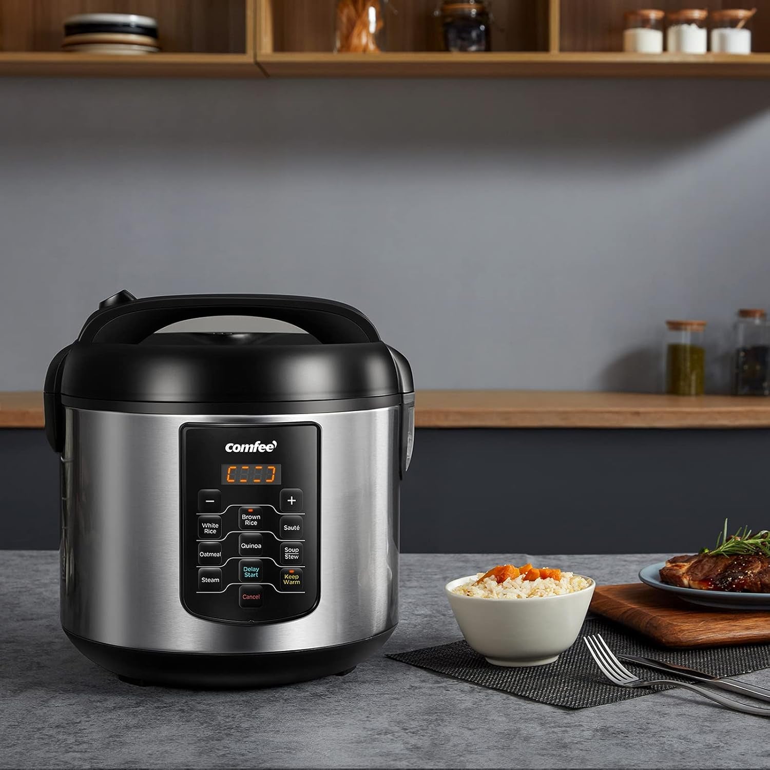 COMFEE' Rice Cooker 10 Cup Uncooked/20 Cup Cooked , Rice Maker, Steamer, Saute, Steamer and Warmer, 5.2 QT Large Capacity, Brown Rice, Quinoa and Oatmeal, 8 One-Touch Programs