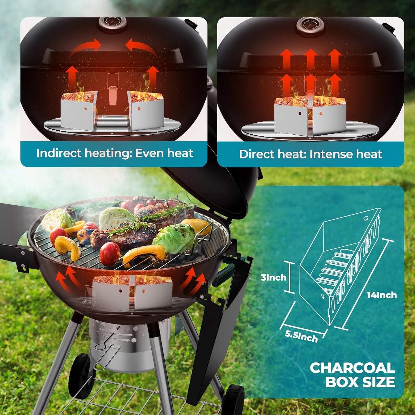 22 Inch Charcoal Grill with 2 Foldable Side Tables,Charcoal Kettle Grills with Wheels,Outdoor Bbq Grill,Portable Charcoal Grill for Camping,Party,Backyard (Black)