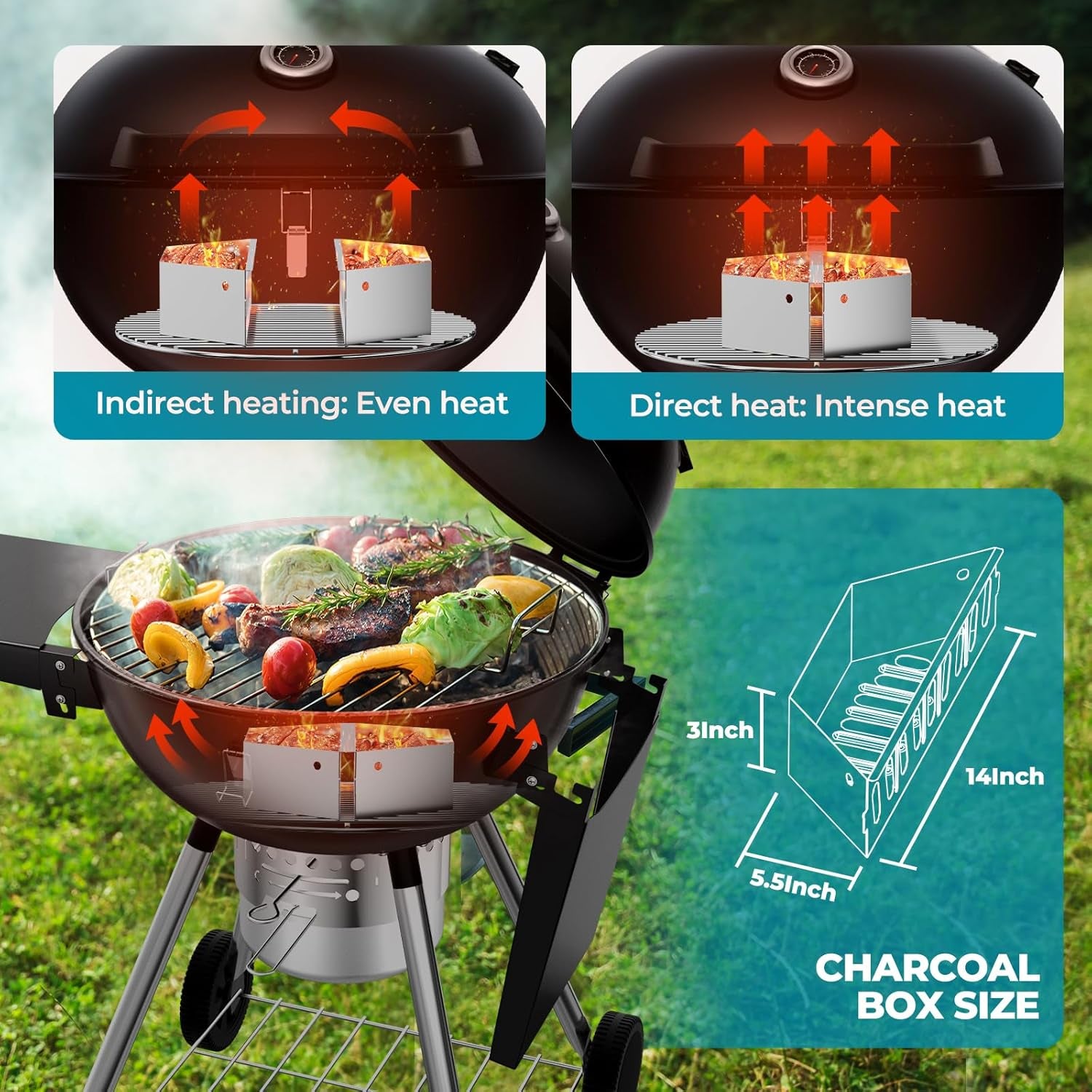 22 Inch Charcoal Grill with 2 Foldable Side Tables,Charcoal Kettle Grills with Wheels,Outdoor Bbq Grill,Portable Charcoal Grill for Camping,Party,Backyard (Black)