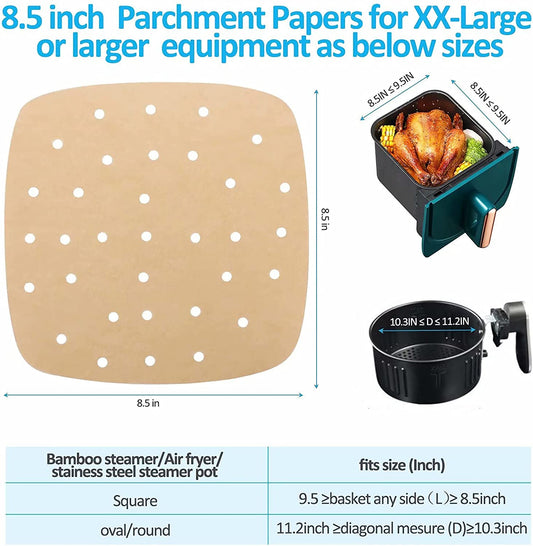 Air Fryer Parchment Paper Liners: 200PCS 8.5 Inch Square Perforated Parchment Paper for Air Fryer, Premium Bamboo Steamer Liner for Air Fryers Baking Cooking Oven