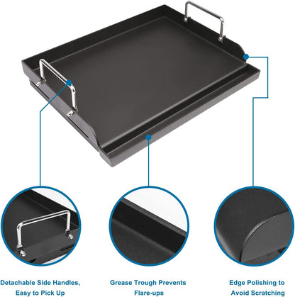 Utheer 17" X 13" Nonstick Coating Cooking Griddle for Gas Grill, Universal Griddle Flat Top Plate Insert with Grease Groove and Removable Handles for Charcoal/Gas Grills, Camping, Tailgating, Parties