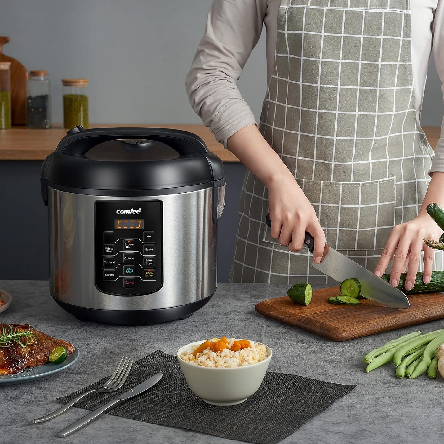 COMFEE' Rice Cooker 10 Cup Uncooked/20 Cup Cooked , Rice Maker, Steamer, Saute, Steamer and Warmer, 5.2 QT Large Capacity, Brown Rice, Quinoa and Oatmeal, 8 One-Touch Programs