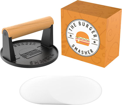 The Burger Smasher - Cast Iron Burger Press Kit W/Patty Paper Included | Hamburger Press Perfect for Flat Top Grill, Cast Iron Griddle or Skillet | Meat Press and Grill Press