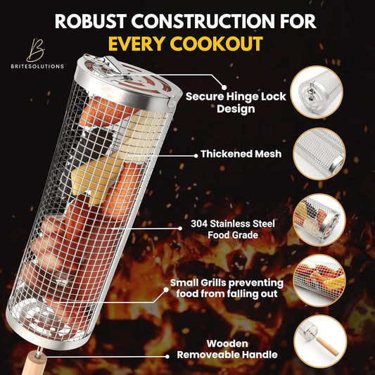 Lockable Nesting Grill Baskets for Outdoor Grill(2Pcs) - Detachable Handle - Hinge Lock Lid - Heavy Duty Stainless Steel Rolling Grilling Basket - Vegetable Grill Basket - Perfect BBQ Gift & Accessory