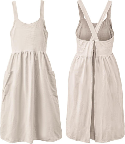 Uaussi Cotton Linen Apron Cross Back Work Apron for Women with Pockets Pinafore Dress X Cross Halter Apron for Chef Gardening