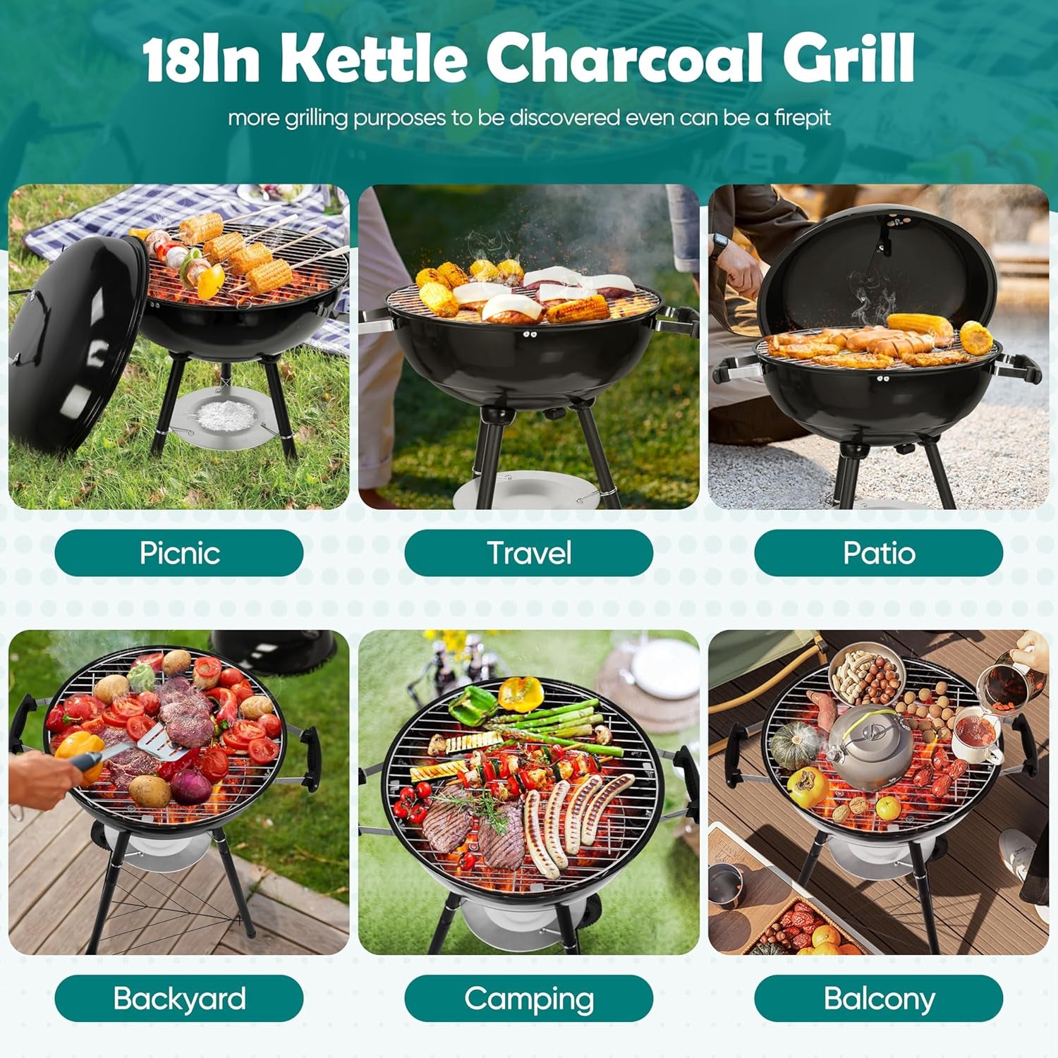 Hasteel 18 Inch Charcoal Grill, Black Kettle Outdoor Barbecue Grill, 2-In-1 Portable BBQ Grill with Wheels for Camping Backyard Patio Picnic, Porcelain-Enameled Lid & Fire Bowl, 254.SQ.IN Cooking Area