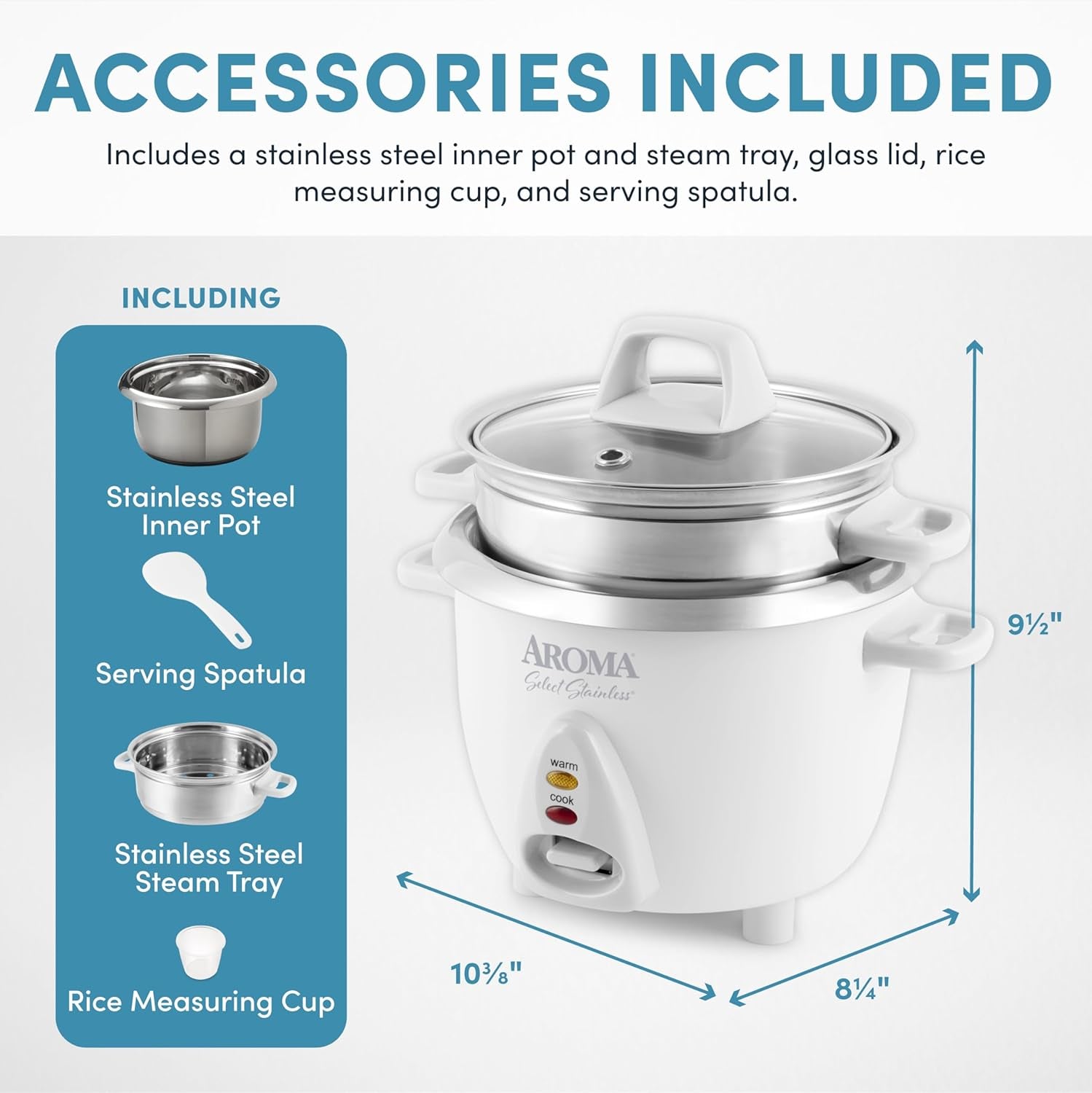Aroma Housewares 6-Cup (Cooked Yield ) / 1.2Qt. Select Stainless Pot-Style Rice Cooker, & Food Steamer, One-Touch Operation, White