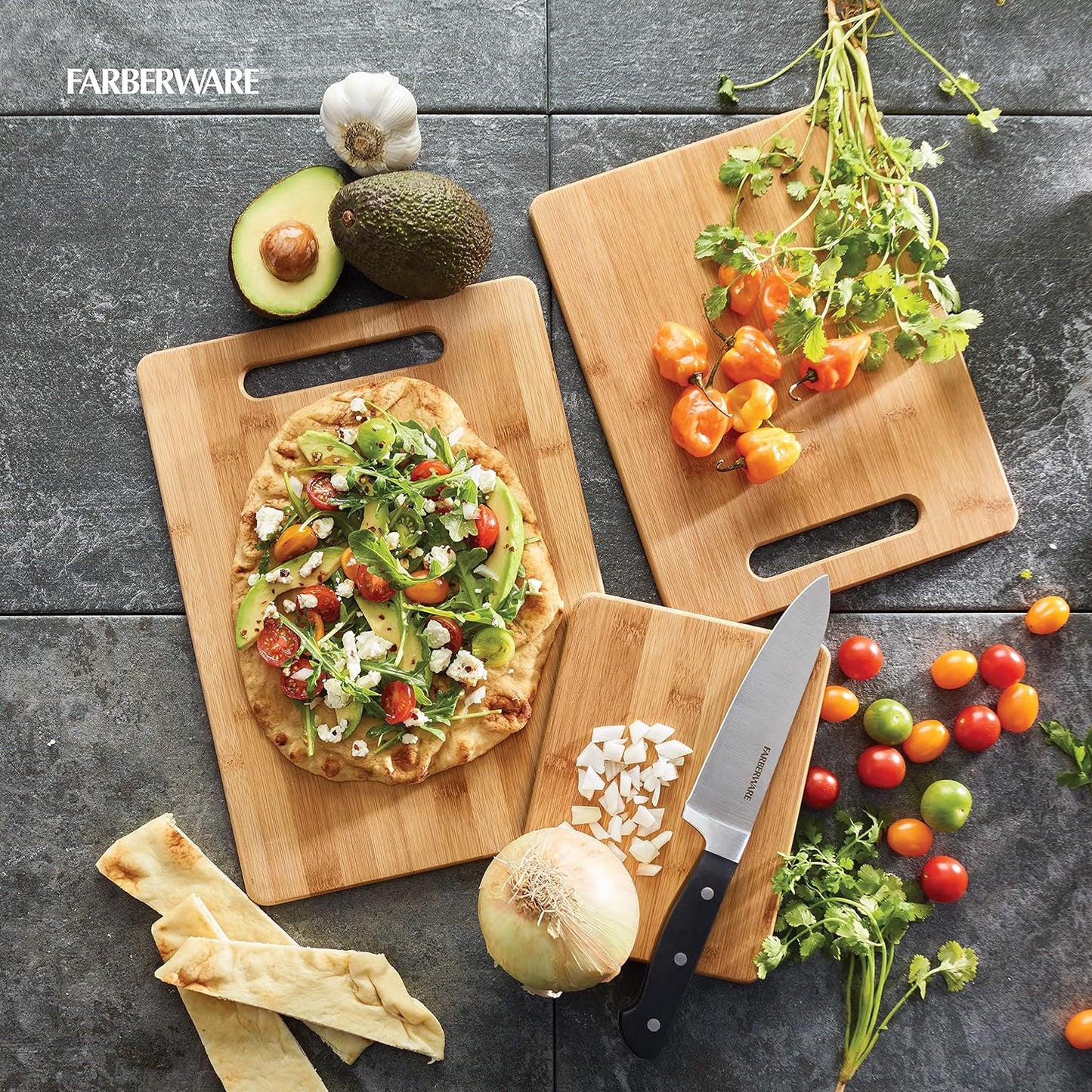 Farberware 3-Piece Wood Cutting Board Set, Reversible Chopping Boards for Meal Prep and Serving, Charcuterie Boards, Wooden Cutting Boards with Built-In Handles, Set of 3 Assorted Sizes, Bamboo
