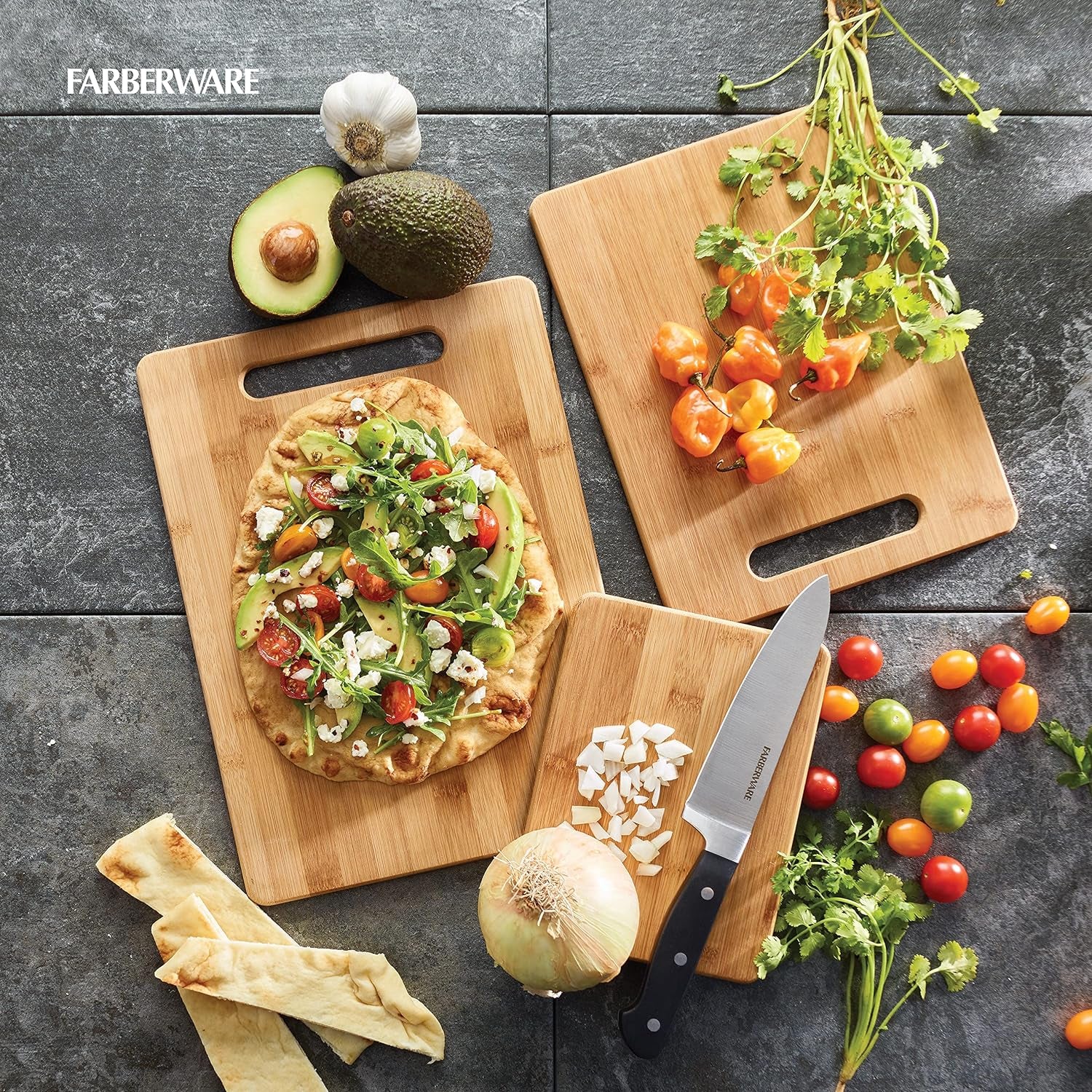Farberware 3-Piece Wood Cutting Board Set, Reversible Chopping Boards for Meal Prep and Serving, Charcuterie Boards, Wooden Cutting Boards with Built-In Handles, Set of 3 Assorted Sizes, Bamboo