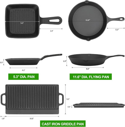 8 Piece Pre-Seasoned Dutch Oven Cooking Set Cast Iron Camping Kitchen Cookware Bakeware Skillets & Square Grill Pan W/Vintage Carrying Wood Box for Ourdoor Home BBQ Baking