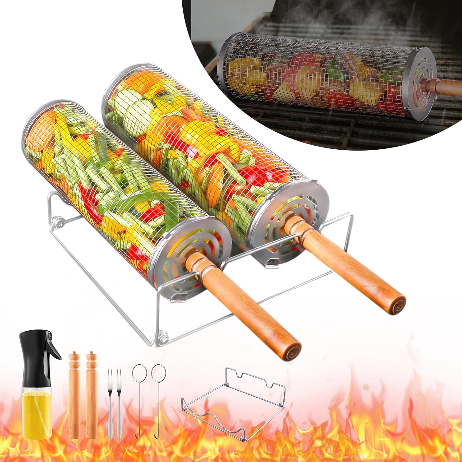 Rolling Grill Basket for Outdoor Grill 2 PCS, BBQ Grilling Gifts for Men Dad Husband, Stainless Steel Grill Mesh Barbeque Grill Accessories, Grilling Net with Wooden Handle & Stands, Outdoor Camping Tools for Chicken, Meat, Fish, Steak, Vegetables, Seafood