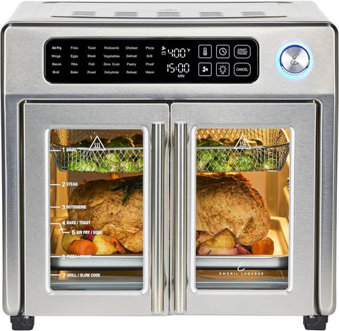 Image of Emeril Lagasse Extra Large French Door Air Fryer Toaster Oven Combo, 24 Cooking Functions and Digital Controls, 7 Accessories Included, Stainless Steel Finish, 26QT Capacity