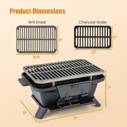 Giantex Portable Hibachi Grill, Double-Sided Cast Iron Grill with Air Regulating Door & Fire Gate, Grate Lifter, Ideal for Outdoor Picnic, Camping & Backyard Barbecue Cooking