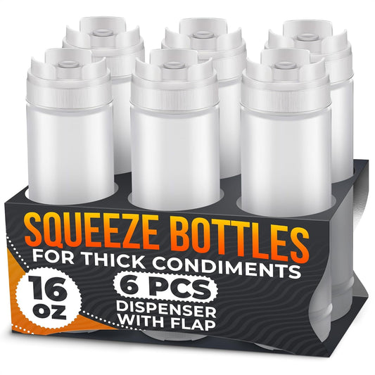 Set of 6 Condiment Squeeze Bottles for Sauces 16 Oz – Self-Closing Valve, Easy-To-Fill Clear Design | Ready-To-Dispense for Dressings, Condiments, and Sauces | Durable and Convenient