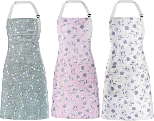 Apron for Women with Pockets, 3 Pcs Waterproof Floral Apron with Adjustable Neck Strap for Cooking, Baking, Gardening, Art Craft