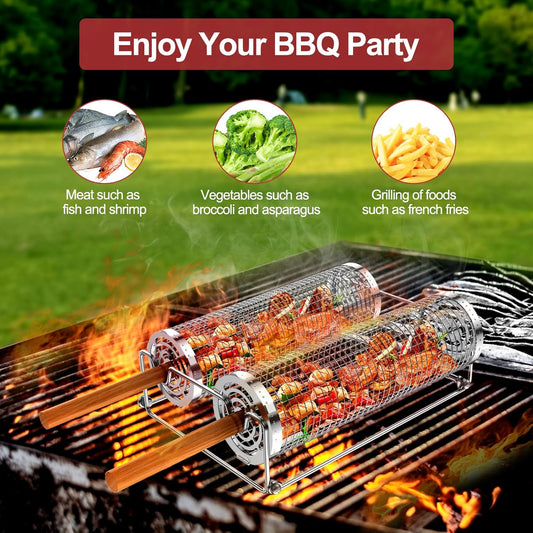 Grill Baskets for Outdoor Grill, Rolling Grill Basket with Removable Wooden Handle & Stand, Stainless Steel Grilling Accessories for Fish, Shrimp, Meat, Vegetables, Fries, Grilling Gifts for Men