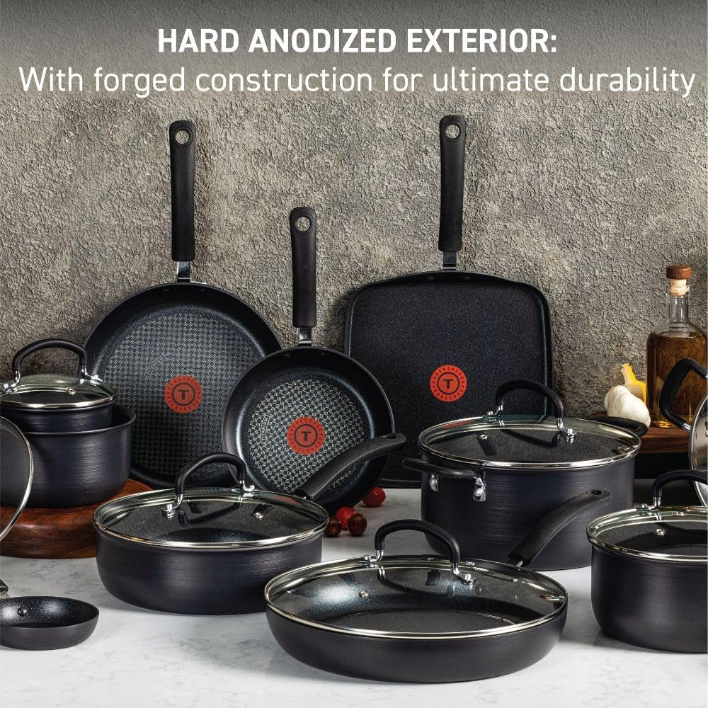 T-Fal Ultimate Hard Anodized Nonstick Cookware Set 17 Piece, Oven Broiler Safe 400F, Lid Safe 350F, Kitchen Cooking Set W/Fry Pans, Saucepans, Saute Pan, Griddle, Pots and Pans, Dishwasher Safe Black