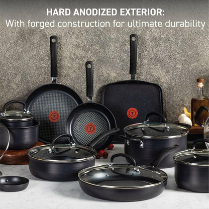 T-Fal Ultimate Hard Anodized Nonstick Cookware Set 17 Piece, Oven Broiler Safe 400F, Lid Safe 350F, Kitchen Cooking Set W/Fry Pans, Saucepans, Saute Pan, Griddle, Pots and Pans, Dishwasher Safe Black