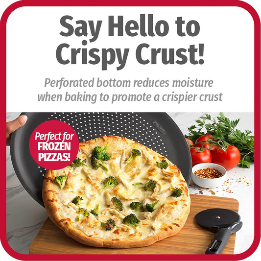 Goodcook Airperfect Non-Stick 14” Pizza Pan – Pizza Tray for Oven, Perforated round Pizza Pan, Carbon Steel Baking Pan, Homemade, Frozen & Leftover Slices