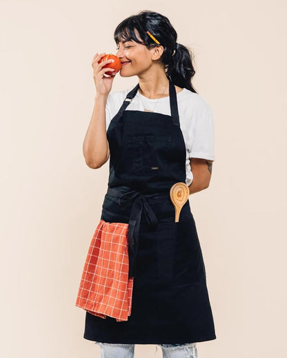 Caldo Daily Cotton Kitchen Apron for Cooking- Mens and Womens Professional Chef or Server Bib Apron - Adjustable Straps with Pockets and Towel Loop (Black)