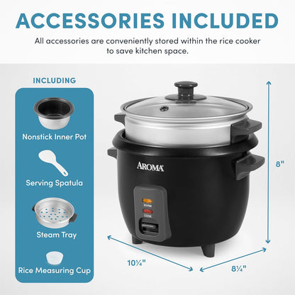 Aroma Housewares ARC-363-1NGB 3 Uncooked/6 Cups Cooked Rice Cooker, Steamer, Multicooker, 2-6 Cups, Black