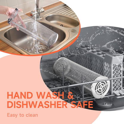 Rolling Grill Basket for Outdoor Grill 2 PCS, BBQ Grilling Gifts for Men Dad Husband, Stainless Steel Grill Mesh Barbeque Grill Accessories, Grilling Net with Wooden Handle & Stands, Outdoor Camping Tools for Chicken, Meat, Fish, Steak, Vegetables, Seafood