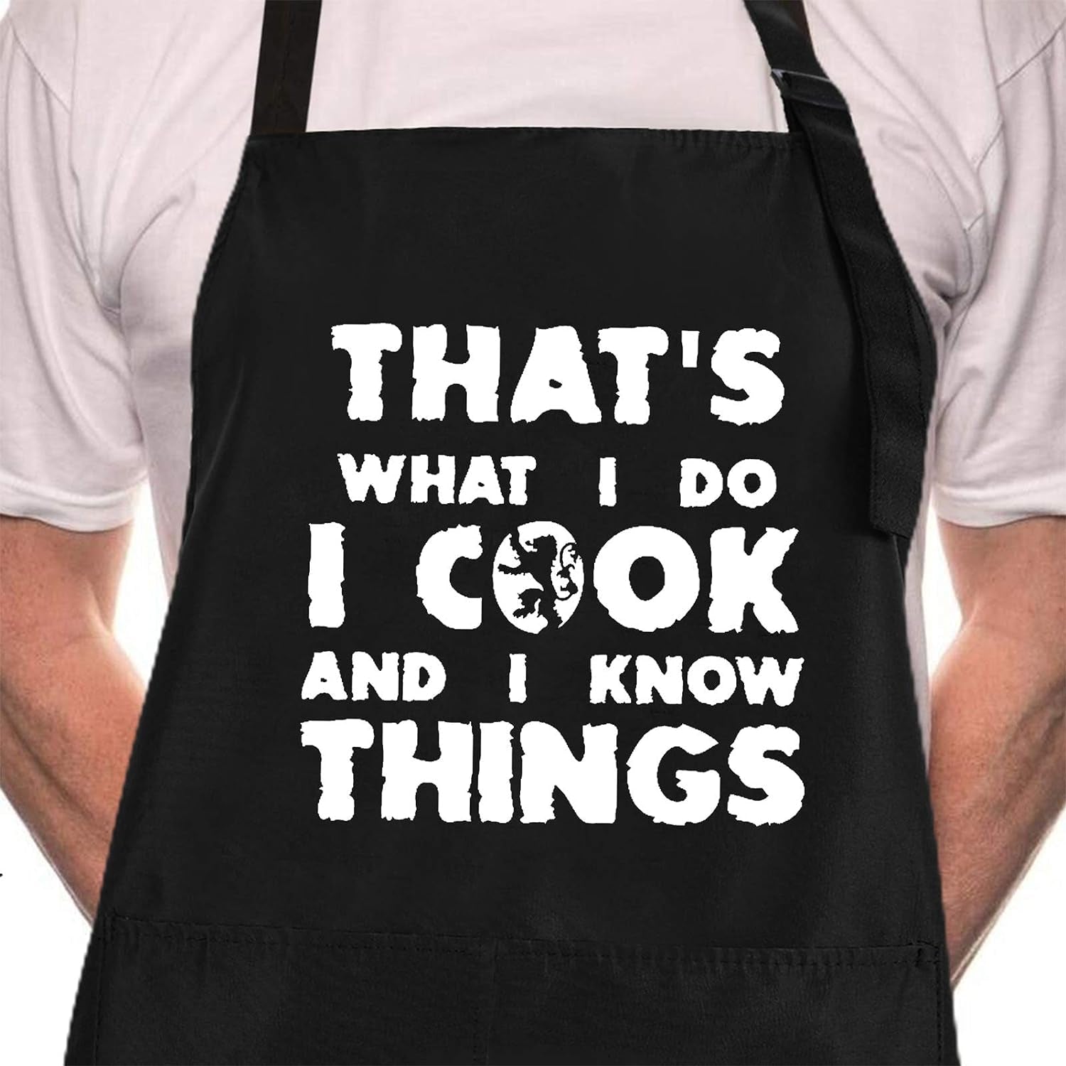 Rosoz Funny BBQ Black Chef Aprons for Men, I Cook and I Know Things Adjustable Kitchen Cooking Aprons with Pocket Waterproof Oil Proof Father’S Day/Birthday