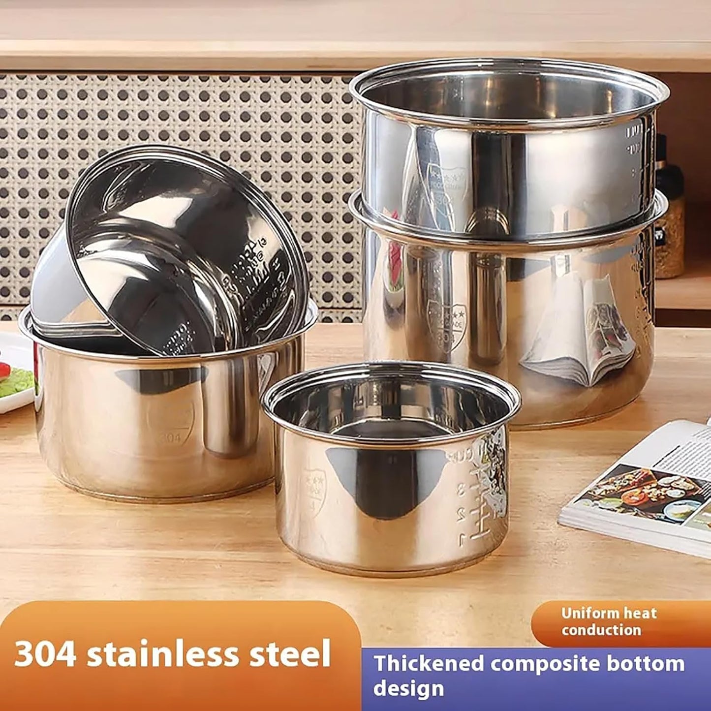 Stainless Steel Rice Cooker Inner Pot, Non-Stick Replacement Pot, Durable & Universal Fit for Multi-Cookers, Even Heating for Perfect Rice (1.6L)
