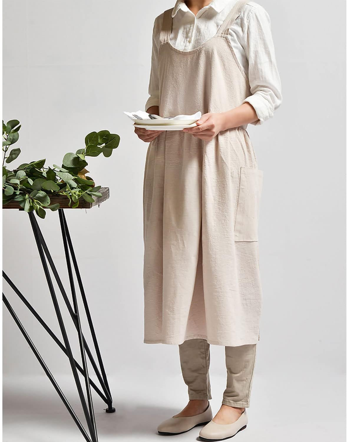 Uaussi Cotton Linen Apron Cross Back Work Apron for Women with Pockets Pinafore Dress X Cross Halter Apron for Chef Gardening