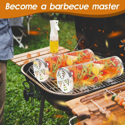 Rolling Grilling Baskets 2 PCS, Stainless Steel BBQ Net Tube Baskets with Oil Sprayer BBQ Accessories Tools for Vegetable Fish Meat Food Camping, Gifts for Men Dad and Husband