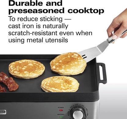 Hamilton Beach Professional Cast Iron Indoor Electric Grill & Griddle, 10" X 16" Preseasoned Cooking Surface, Adjustable Temperature up to 450° F, Black (38560)