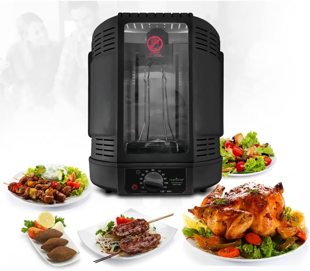 Nutrichef Vertical Countertop Rotisserie Oven Roaster, Rotating Shawarma and Kebab Machine with Skewer and Rack, Basket Tower, Roasting Rack, Poultry Tower, Drip Tray, for Meat Chicken Turkey Lamb
