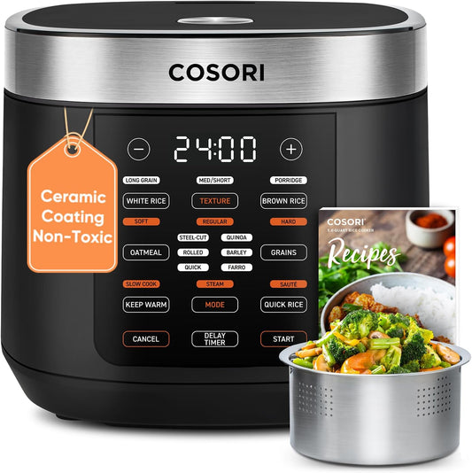 COSORI Rice Cooker 10 Cup, 24H Keep Warm, 18 Functions Fuzzy Logic Rice Maker with Stainless Steel Steamer Basket, Sauté, Slow Cooker, Black