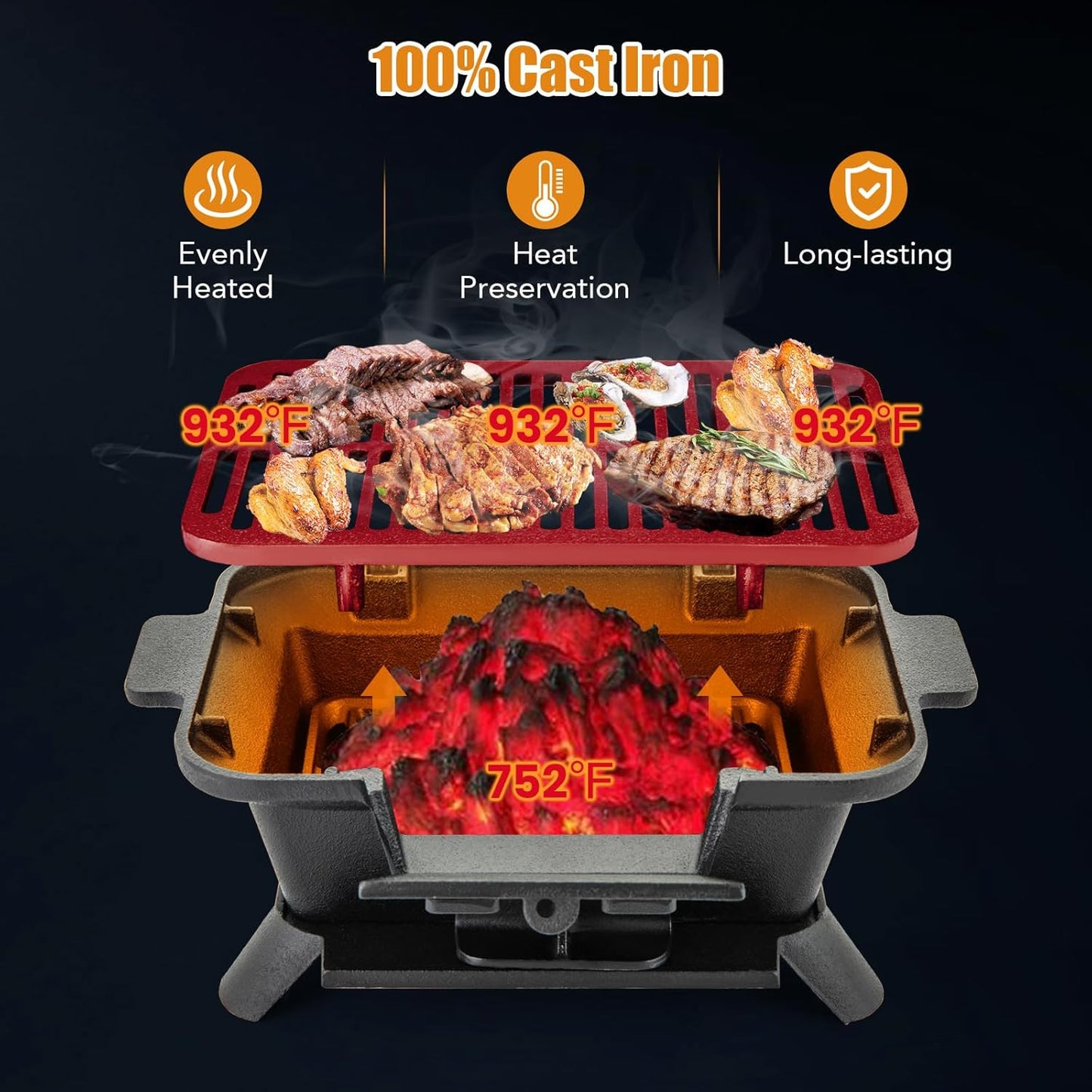 Giantex Portable Hibachi Grill, Double-Sided Cast Iron Grill with Air Regulating Door & Fire Gate, Grate Lifter, Ideal for Outdoor Picnic, Camping & Backyard Barbecue Cooking