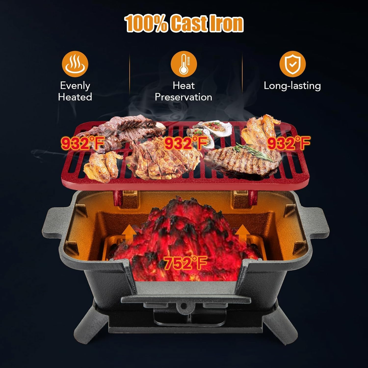 Giantex Portable Hibachi Grill, Double-Sided Cast Iron Grill with Air Regulating Door & Fire Gate, Grate Lifter, Ideal for Outdoor Picnic, Camping & Backyard Barbecue Cooking