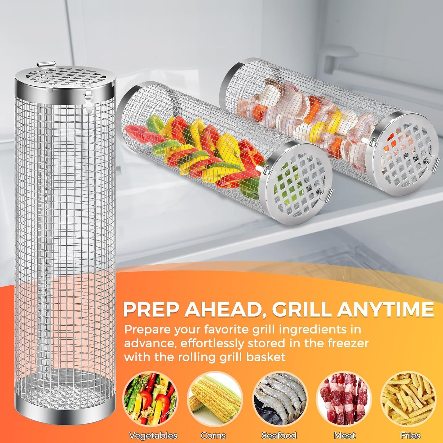 Rolling Grilling Basket, 2 PCS BBQ Grill Basket， Stainless Steel Grill Mesh with Grilling Accessories, Portable Outdoor Camping BBQ Grill Nets Cylinder for Fish, Shrimp, Vegetables, Meat