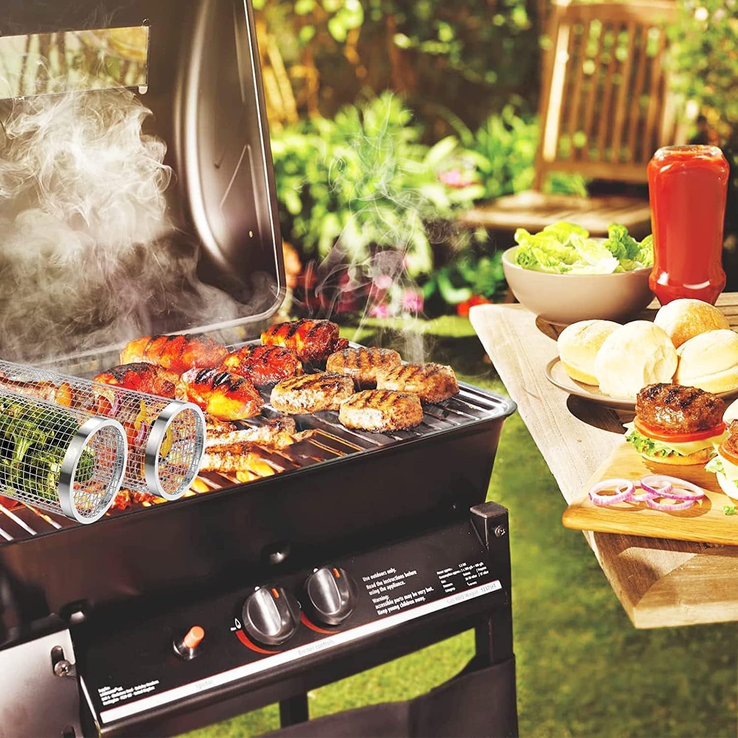 BBQ Net Tube-Rolling Grilling Basket,Rolling Grilling Baskets for Outdoor Grilling,Round Stainless Steel BBQ Grill Mesh, Camping Barbecue Rack for Vegetables, French Fries, Fish