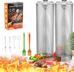 Grill Basket for Outdoor Camping,Bbq Grill Basket, Rolling Grilling Basket, Stainless Steel Grill Mesh Barbeque Grill Accessories, Portable Grill Baskets for Fish, Meat, Gifts for Men Dad Husband