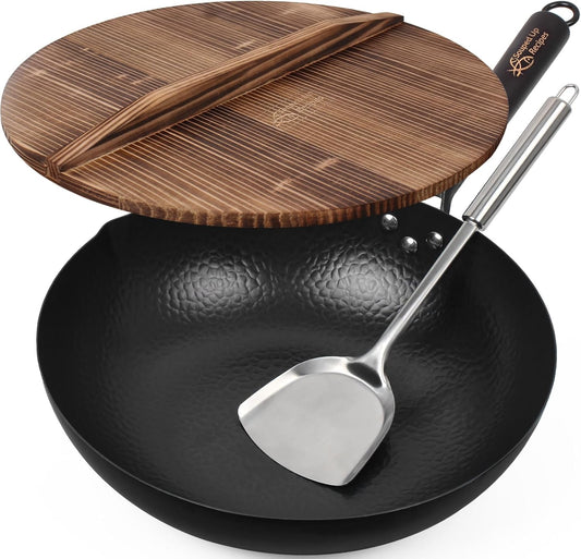 13.4 Inch Carbon Steel Wok for Electric, Induction and Gas Stoves (Lid, Spatula and User Guide Video Included)