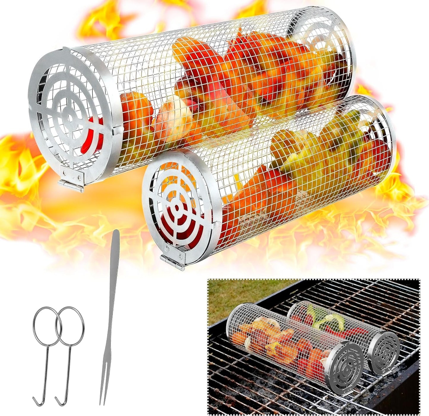 Feniola Rolling Grilling Basket - 2 PCS round Stainless Steel Grill Net for Outdoor Grill for Vegetables, Meat - BBQ Accessories Included