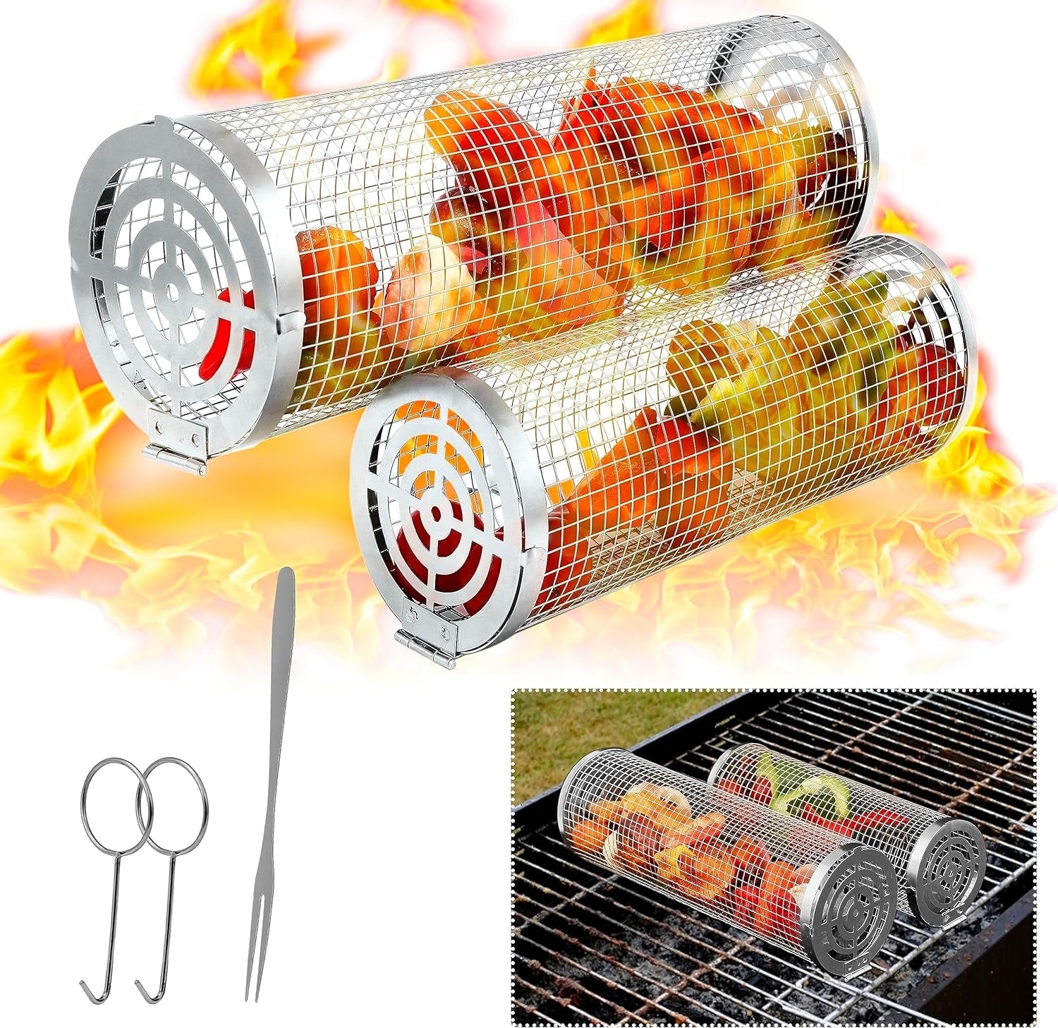 Feniola Rolling Grilling Basket - 2 PCS round Stainless Steel Grill Net for Outdoor Grill for Vegetables, Meat - BBQ Accessories Included