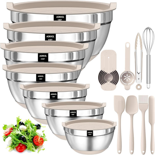 Mixing Bowls with Airtight Lids, 20 Piece Stainless Steel Metal Nesting Bowls, Non-Slip Silicone Bottom, Size 7, 3.5, 2.5, 2.0,1.5, 1,0.67QT Great for Mixing, Baking, Serving (Khaki)