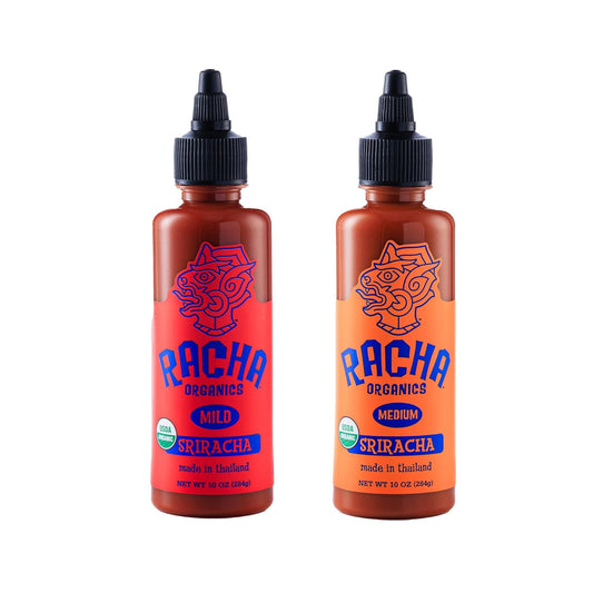 Racha Organics - MEDIUM Sriracha Sauce - USDA Certified Organic Hot Sauce 10Oz (284 G) Easy Squeeze Bottle & Racha Organics - MILD Sriracha Sauce - USDA Certified Organic Hot Sauce 10Oz (284 G)