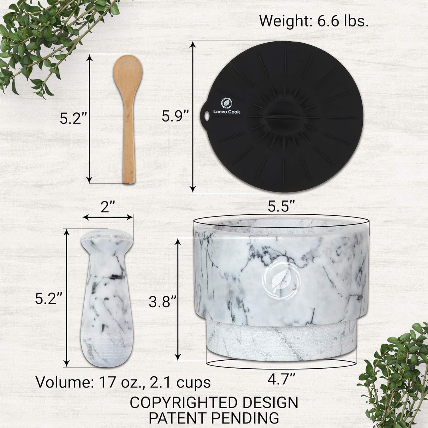 Laevo White Marble Mortar and Pestle Set - Heavy Duty Stone Spice Grinder - 2.1 Cup Capacity, 5.5-Inch Reversible Mortar and Pestle Set for Guacamole, Pesto, Spices - Large