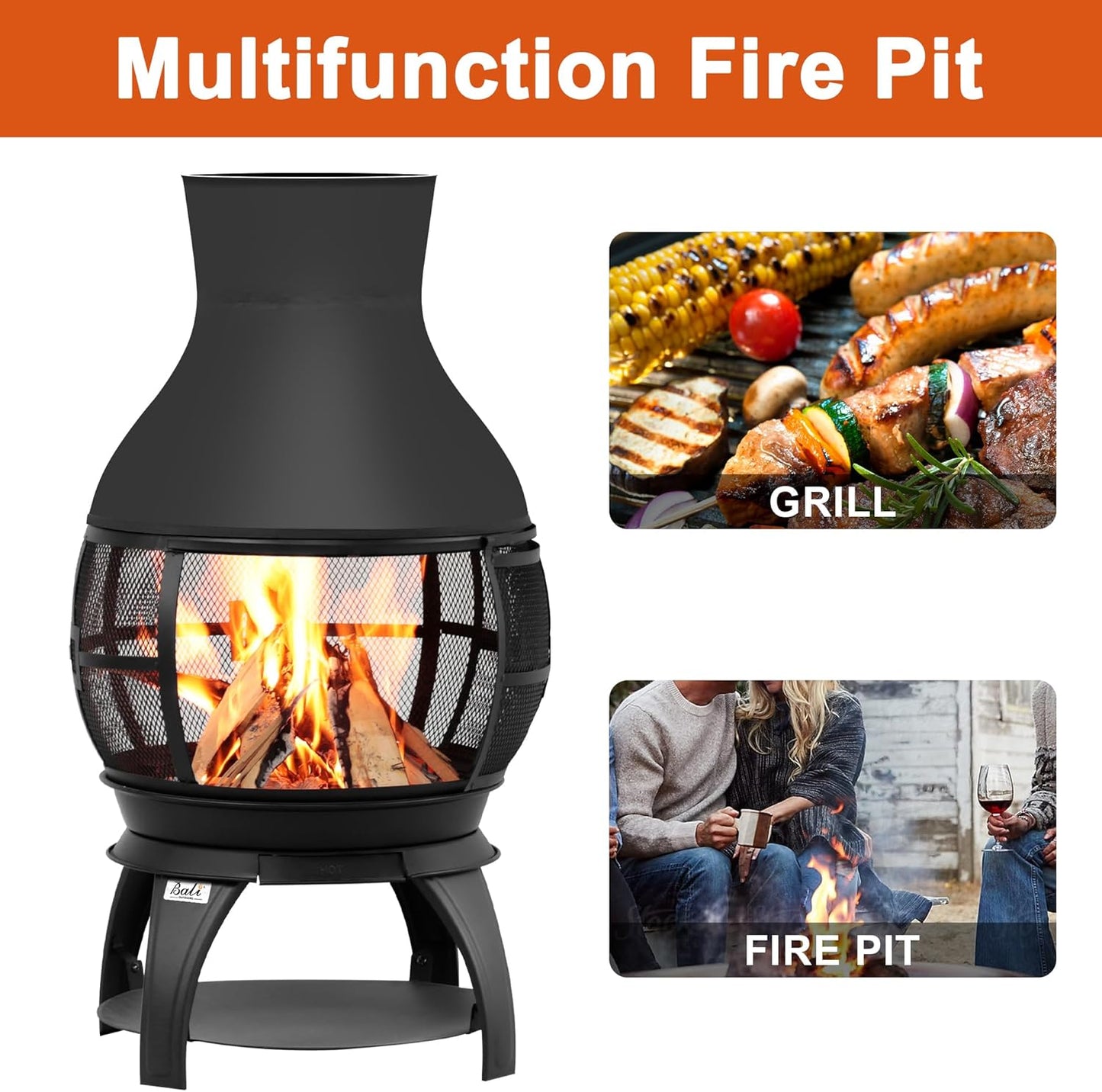 BALI OUTDOORS Fire Pit Wood Burning Chiminea outside Fireplace Patio Small Firepit, Size 17.7" W X 35.6" H, Brown-Black