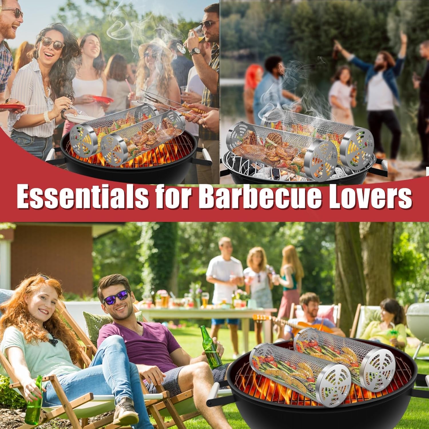 Grill Basket 2 PCS, Rolling Grill Baskets for Outdoor Grill, Grilling Accessories, Stainless Steel BBQ Net Tube Baskets with Oil Sprayer for Veggies, Shrimp, Grilling Gifts for Men