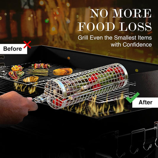 Grill Well 2.0 - Rolling Grill Basket (2 Pcs) for Vegetables, Kebob, Shrimp | BBQ Grilling Accessories for Outdoor Cooking & Camping | Perfect Father'S Day Gift for Men, Step Dad, Grandpa