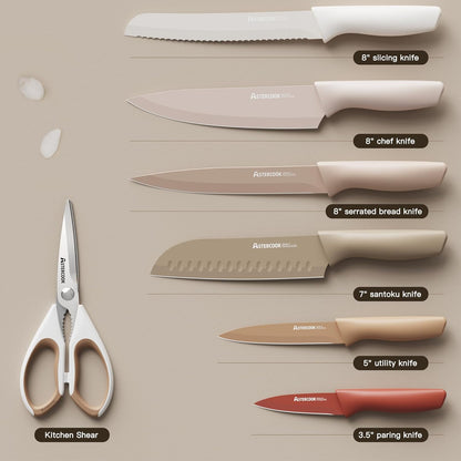 Astercook Knife Set, 13 Pieces Kitchen Knives Set with Healthy Anti-Rust Coating, Dishwasher Safe, Stainless Steel Chef Knife Sets with 6 Blade Guards, Perfect Holiday Gifts for Kitchen